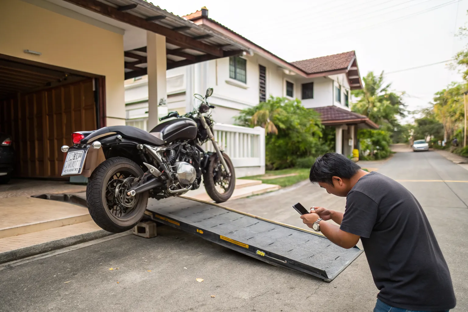 Motorcycle on its side stand next to a truck ramp in front of a Thai house at delivery