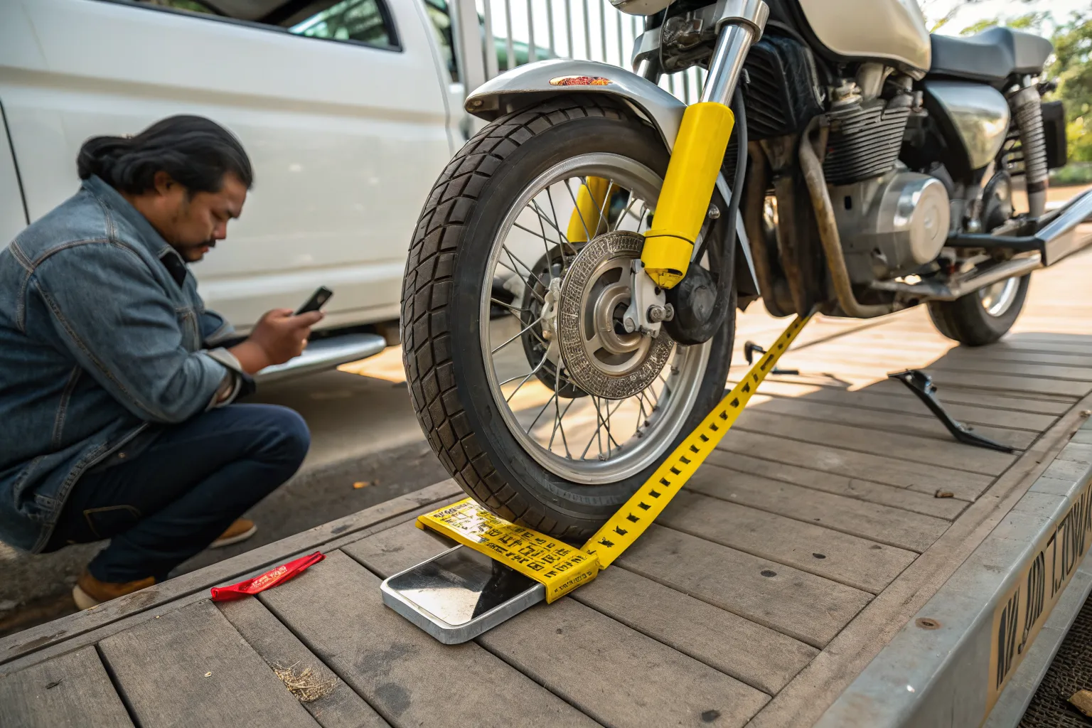 Close-up of a front wheel locked in a wheel chock with a ratchet strap