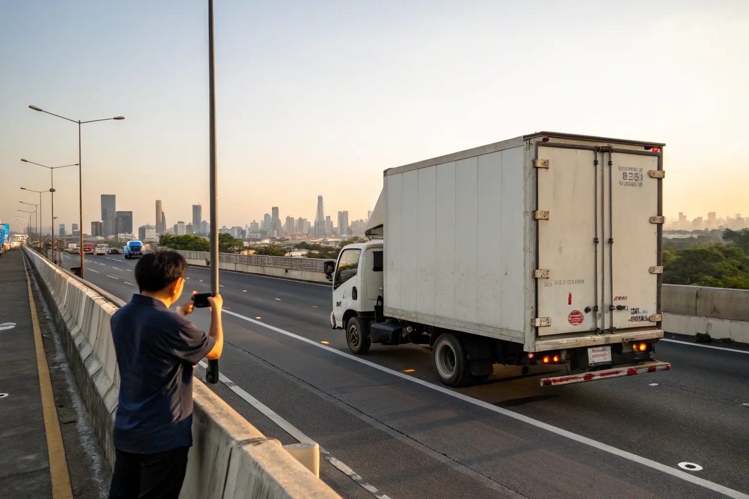 White box truck driving on an elevated highway in Thailand at golden hour